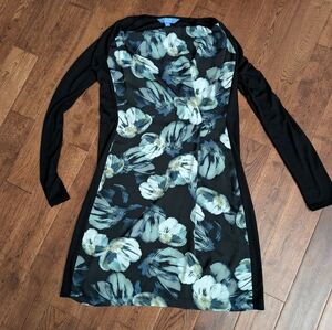 EUC Simply Vera Vera Wang Faux Wrap Look Midi Dress Floral Blue Black Size Small